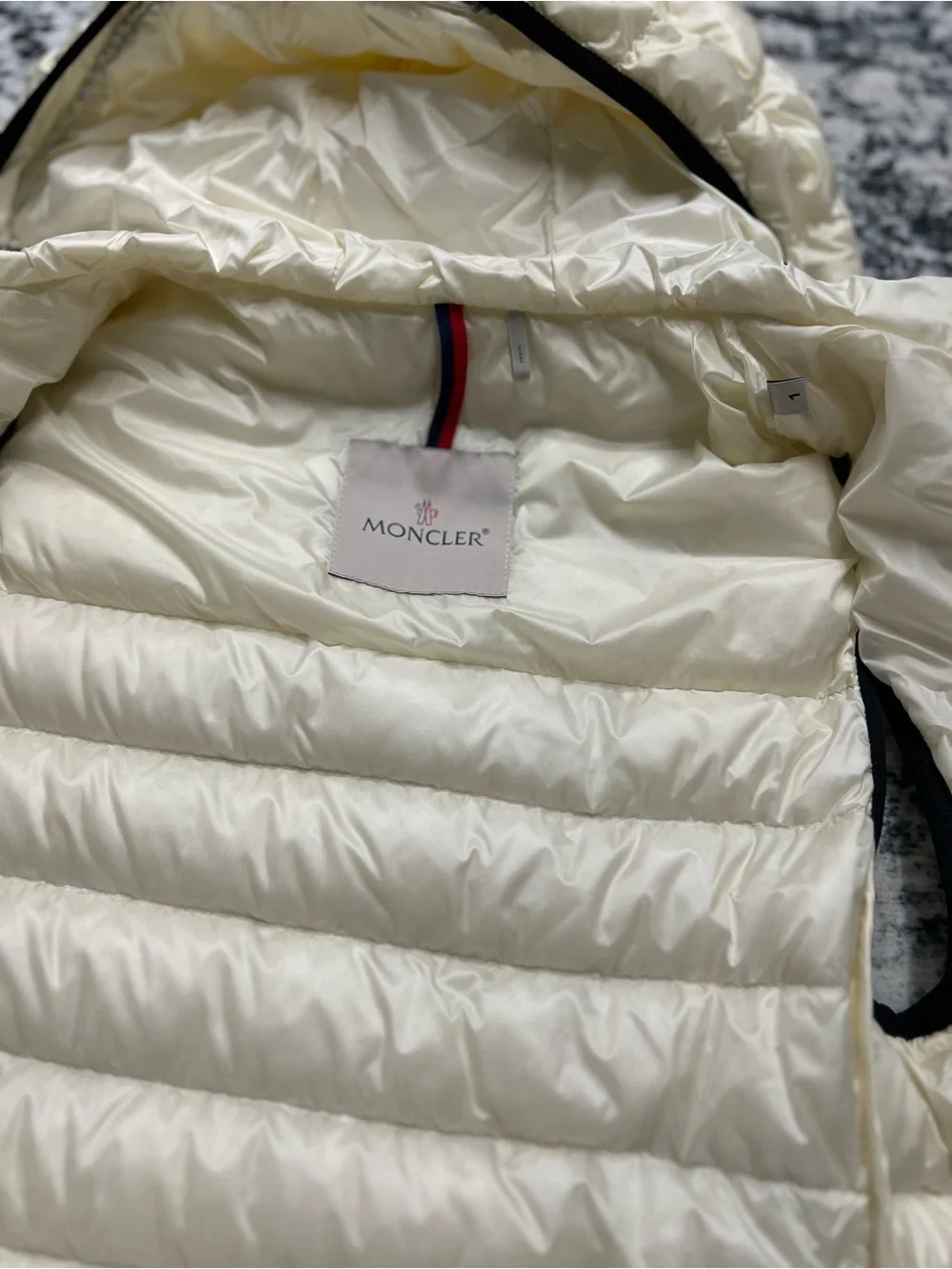 Moncler Ivory Quilted Hooded Down Vest with Black Trim